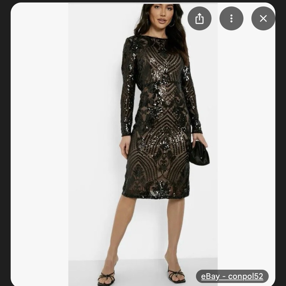 Boohoo Black and Gold Sheath Midi Dress Long Sleeve Crew Neck